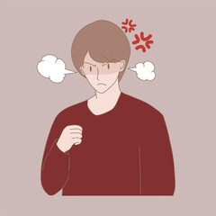 Angry man with furious face expression, smoke blowing from ears, angry marks behind.  Hand drawn flat cartoon character vector illustration.