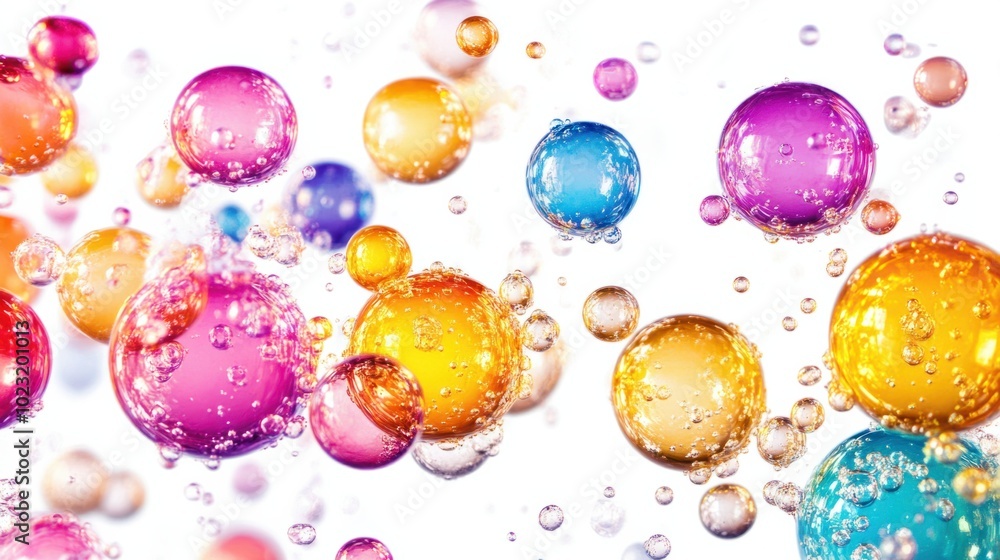 Poster multicolored transparent liquid bubbles floating in isolation on white