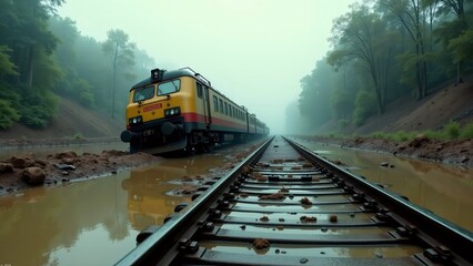 Flooded Train Tracks with Stranded Yellow Train