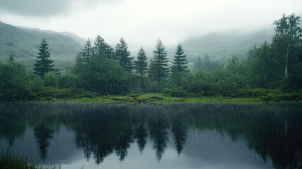 Obraz premium A misty rain falling over a lake, with soft reflections of trees and mountains in the still water.