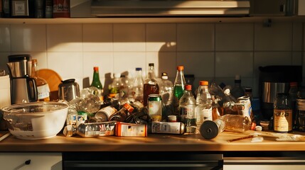 Cluttered Kitchen Counter with Cooking Essentials and Appliances