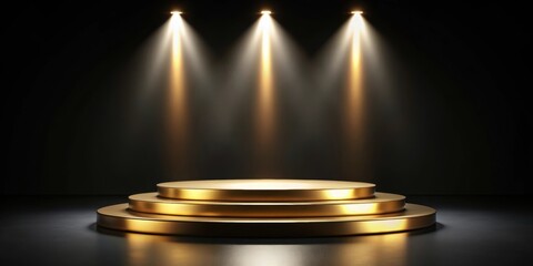 Golden podium stage with a platform light stand on a luxurious black background, gold, podium, stage,platform, light stand
