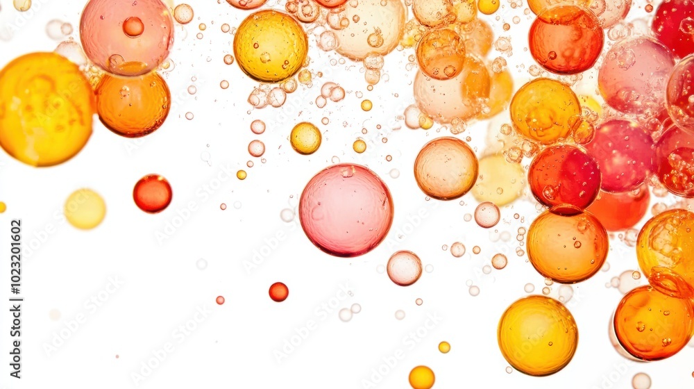 Poster multiple colorful liquid bubbles floating gently on a pure white background