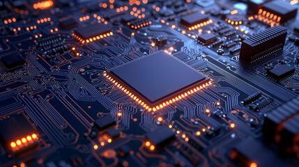 Fototapeta premium Close-up of a modern chip on a circuit board, representing advanced technology in artificial intelligence, data analysis, digitization, integration, automation, optimization, and cybersecurity