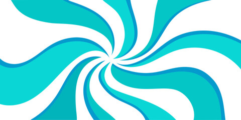Turquoise swirl spiral background. Vector drawing of spiral rotation in flat style. Abstract banner with waves, cosmic rays. Flat wavy lines from the center 