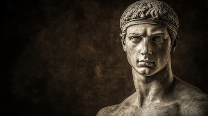 A muscular statue with a stoic expression, looking into the camera, capturing the essence of ancient sculpture and strength