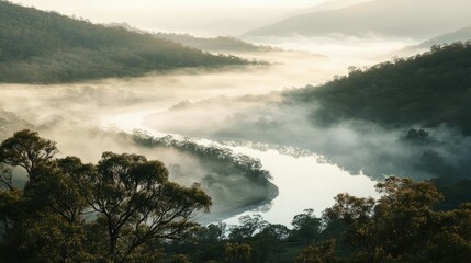 Obraz premium A misty river winding through a foggy landscape, with trees and hills disappearing into the mist.