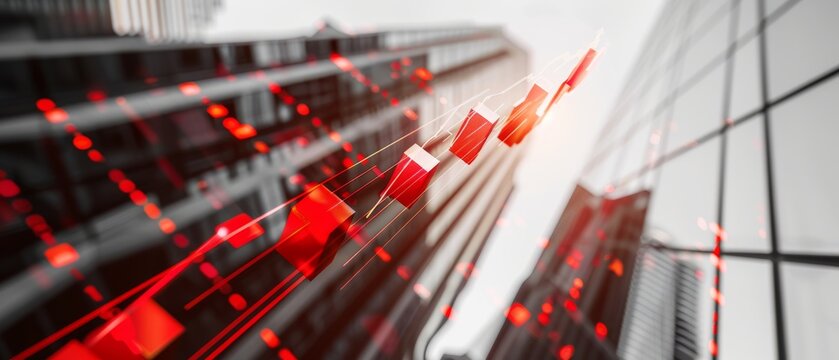 A digital graph with red arrows intersects city skyscrapers, representing modern finance and data flow. - Powered by Adobe