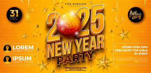 Happy New Year 2025 Party Celebration Banner Template Illustration with Shiny Disco Ball and 3d Typography Lettering on Yellow Background. Vector New Year Eve Holiday Flyer Design. Premium Invitation