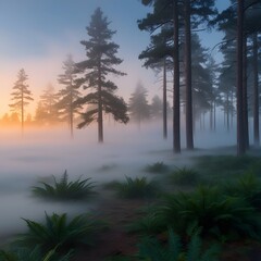 Winter Sunrise in a fogy days landscape design.