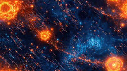 Obraz premium Cosmic digital nebula with fiery data streams and abstract patterns