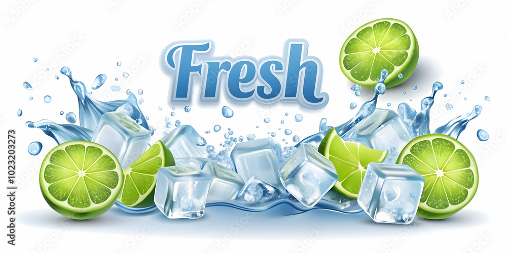 Poster Flat Vector Illustration of Floating Ice Cubes and Lime Slices Splashing with Refresh Text for Cool Beverage Promotions