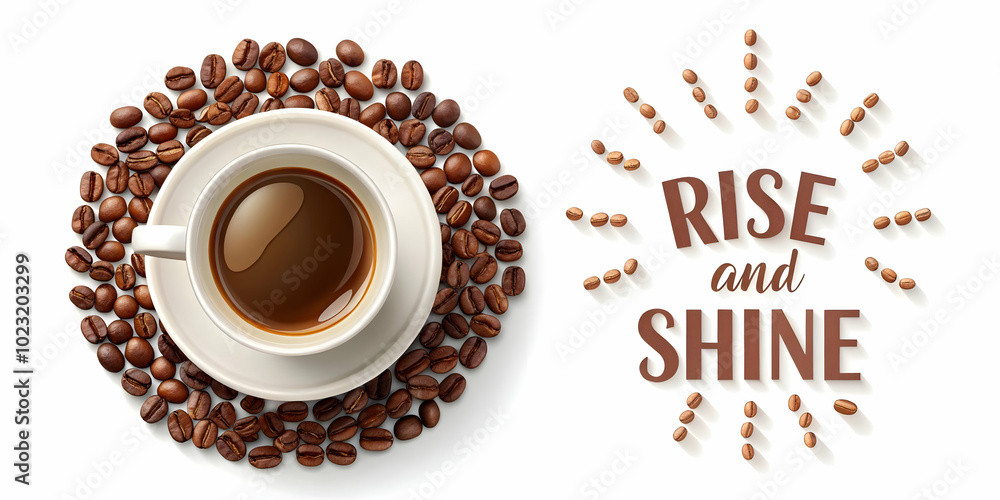 Aufkleber dynamic vector of a floating espresso cup with coffee beans wake up call and 'rise & shine' text for
