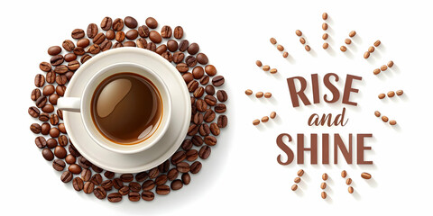 Dynamic Vector of a Floating Espresso Cup with Coffee Beans Wake Up Call and 'Rise & Shine' Text for Energetic Coffee Promotions | Flat Illustration
