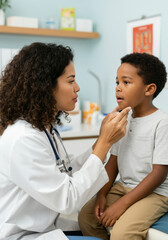Fototapeta premium Female doctor is examining the neck of a young boy in her office