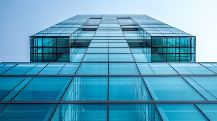 Obraz premium A sleek, modern office building constructed from a combination of glass and steel. Its reflective glass surfaces glisten under the sun, capturing the clear blue sky