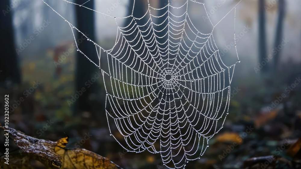 Poster A stunning close-up of a spider web adorned with dewdrops, creating a captivating scene in a misty forest.