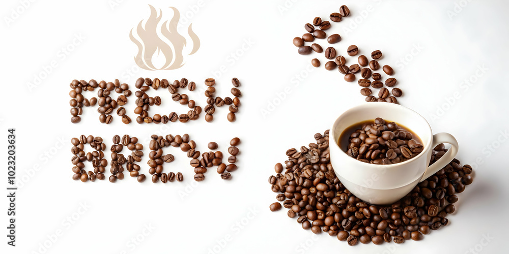 Poster dynamic flat vector of abstract coffee bean swirl creating a steaming cup design with fresh brew tex