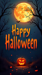 Happy Halloween with Glowing Pumpkin and Full Moon