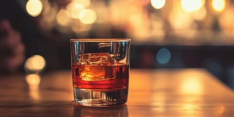 A tumbler of whiskey with a single ice cube on a wooden table backlit by warm lights.