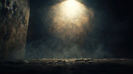 A dimly lit, textured space with fog, creating a mysterious atmosphere.