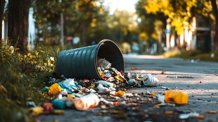 Fototapeta premium Overflowing Trash and Litter Scattered on Autumn Street
