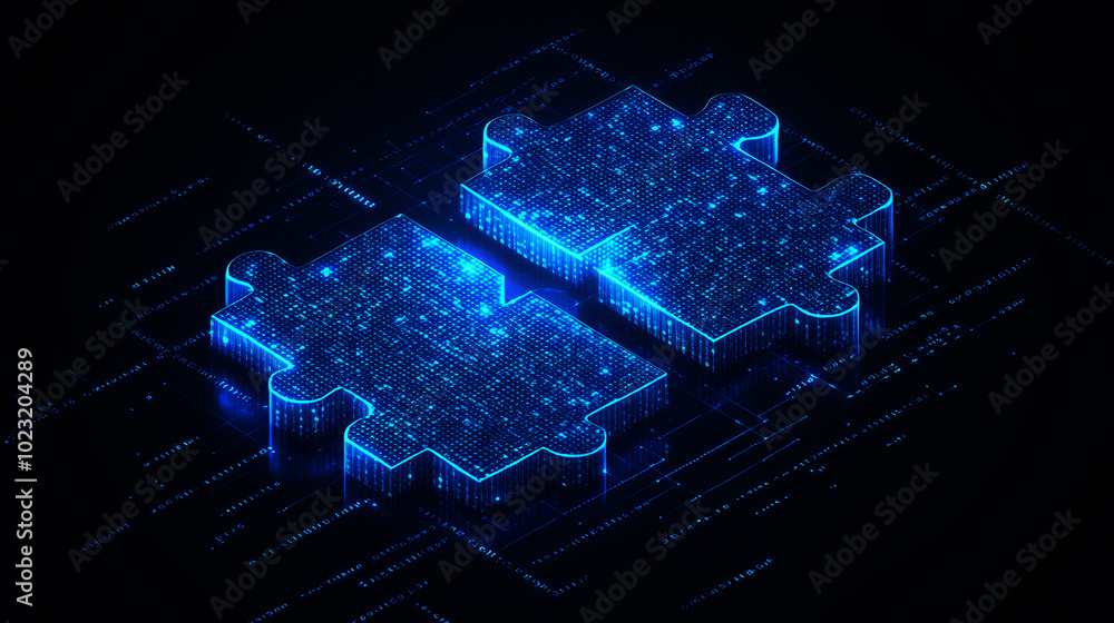 Poster two puzzle pieces connected, symbolizing the unity of ai and business in data center management.