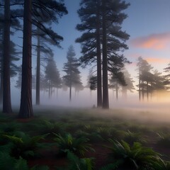 Winter Sunrise in a fogy days landscape design.