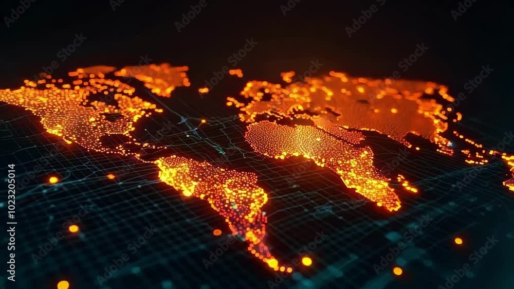 Poster abstract world map formed by glowing dots over a dark background, representing global networks and i