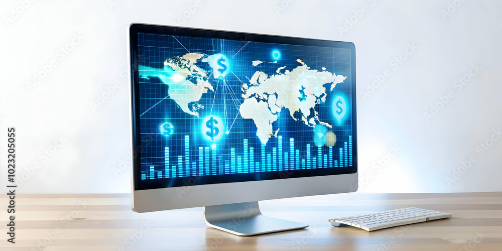Poster glossy desktop monitor displaying holographic financial dashboards and floating currency symbols for