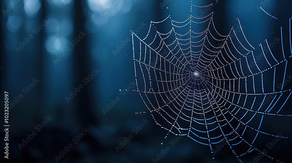 Poster a captivating close-up of a spider web glistening in the faint light of a misty forest, showcasing i