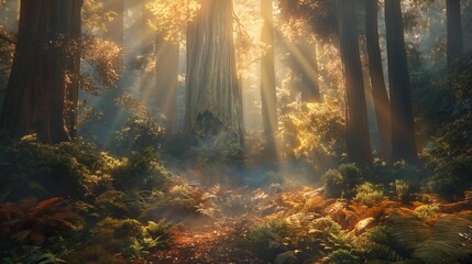 Fototapeta premium Majestic redwood forest in california with sunlit pathway