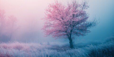 A solitary tree in a serene misty landscape with dreamy pink hues, evoking a sense of tranquility and mystery.