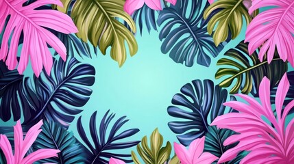 A vibrant tropical leaf design with pink and green foliage against a light blue background.