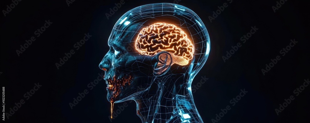 Poster a futuristic depiction of a human head showcasing a glowing brain, symbolizing advanced technology a