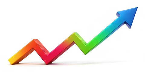 Isolated colorful upward trend arrow on white background, financial, growth, success, market, investment, profit, business