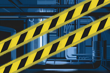 A yellow and black striped barrier is in front of a blue background. The yellow and black stripes are frayed and the barrier is tattered. The image has a mood of danger and caution