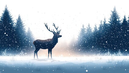Deer in a winter forest. The background has a winter theme with a blue color scheme. 