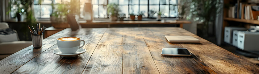 Glossy Home Office Desk Setup with Smartphone and Coffee: A Modern Workspace Photo with Clean Design