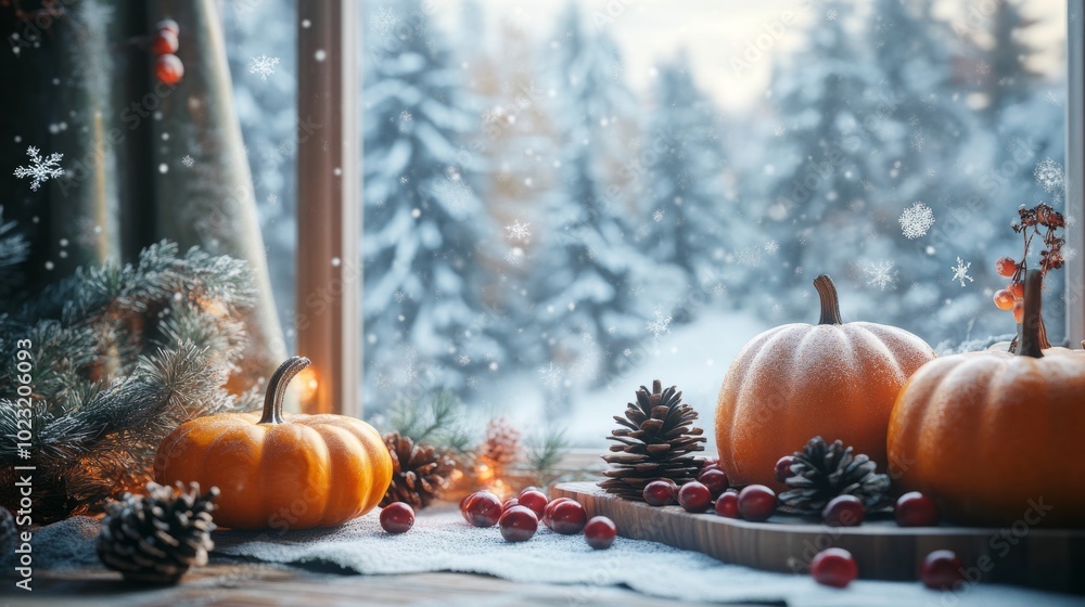 Poster A window view of a snowy forest with a table full of pumpkins and pinecones