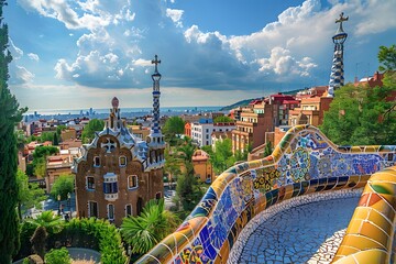 Stunning View of Park Güell in Barcelona with Colorful Architecture and Scenic Landscape