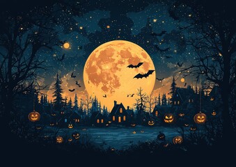  Halloween background with blank space for text, featuring an orange and black color scheme and spooky elements such as pumpkins, witches' hats hanging from trees