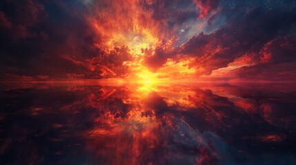 Surreal sunset over reflective mirror labyrinth creating illusion of infinite horizons