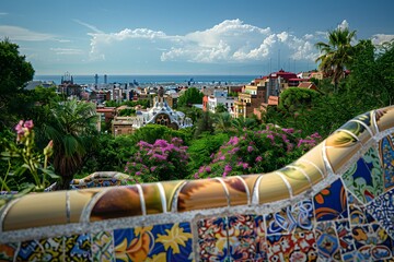 Stunning View of Barcelona from Park Güell with Vibrant Mosaic and Lush Greenery