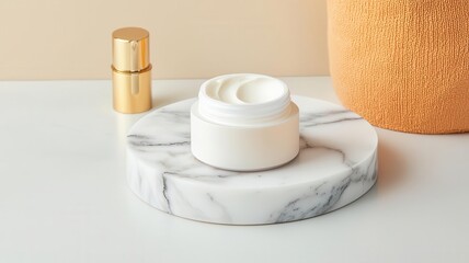 Closeup of a skincare product with marble and gold elements, exuding luxury with a marble texture base and elegant gold finishes, 3D illustration