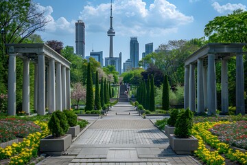Serene Urban Oasis: A Lush Garden Pathway with City Skyline Backdrop