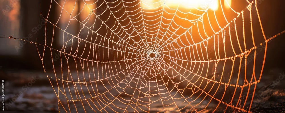 Poster a close-up view of a spider web glistening in the sunlight, showcasing intricate patterns and nature