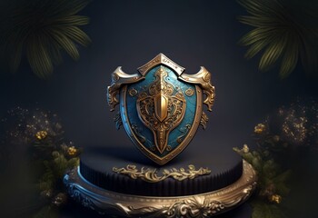 Fototapeta premium Ornate golden shield with blue center and intricate design, resting on a black pedestal with gold accents.