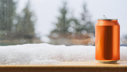 Orange aluminum bottle of soda or beer on wooden table. Tin can. Tasty drink. Mock-up. Close-up.