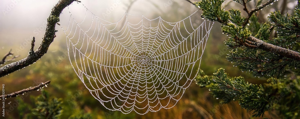 Poster a delicate spider web glistens with morning dew, showcasing intricate patterns against a misty fores